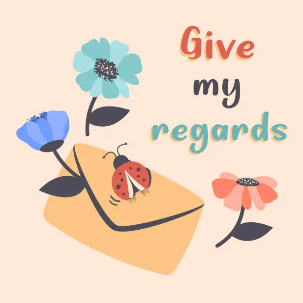 Vector illustration of Mail envelope with Greeting message. Cute envelope with beautiful colorful flowers, ladybug. Give regards text. Good news notification concept, communication. Vector cartoon illustration