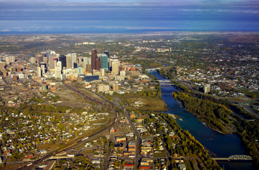 An early morning aerial view of dowtown Calgary Alberta. (from the east)