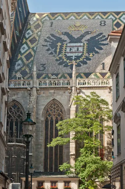 Façades and rooflines of Saint Stephen’s Cathedral in Vienna.