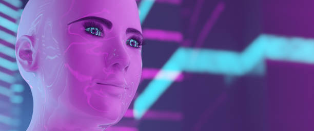 istock 3d Avatar woman - face close up of virtual reality android looking forward to the future on a purple and blue background. 1399645265