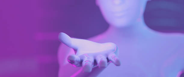 3d Avatar woman - cyborg hand close up - inviting, offering and introducing - copy space on a purple and blue background. High blurred depth of field Robot Hand with blurred finger on foreground, cutting edges human shape on background, cyan and magenta colors and light. blank avatar stock pictures, royalty-free photos & images