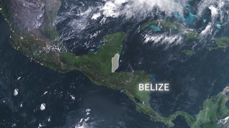 Belize map highlighted with border and country name, zooming in from the space through a 4K photo real animated globe, with a panoramic view consisting of Africa, West Europe and Americas. Realistic epic spinning world animation, Planet Earth, highlight,