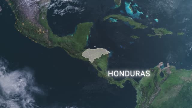 Honduras map highlighted with border and country name, zooming in from the space through a 4K photo real animated globe, with a panoramic view consisting of Africa, West Europe and Americas. Realistic epic spinning world animation, Planet Earth, highlight