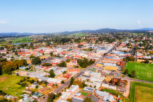 Downtown of Bega town in Bega valley of Austrlia - aerial scenic view.