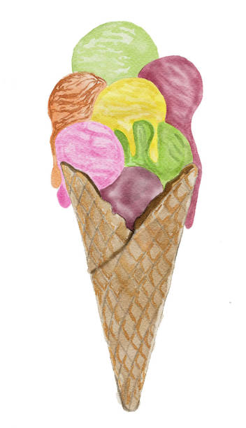 istock Ice cream cone with various flavors, hand drawn watercolor 1399651873