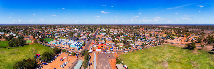 Australian outback remote Lightning ridge town in black opal open mines area - aerial panorama.