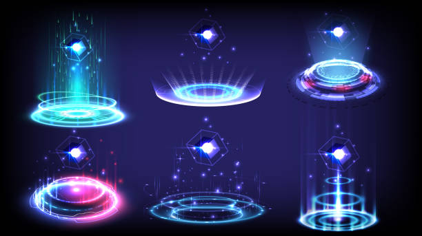 illustrazioni stock, clip art, cartoni animati e icone di tendenza di collezione di palcoscenici fantascientifici ad alta tecnologia in hud incandescente. magic warp gate nel gioco fantasy. cerchio teletrasporto podio. rays, gui, utenti di realtà virtuale ui. ologramma portale turbina luce. visualizzazione del prodotto - stargate