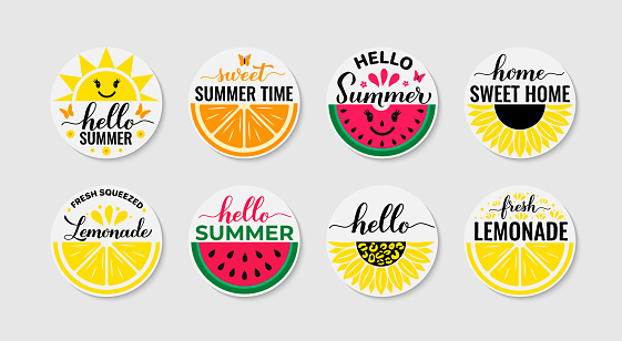 Summer round sign set. Seasonal typography poster. Easy to edit vector template for banner, flyer, sticker, shirt, etc.