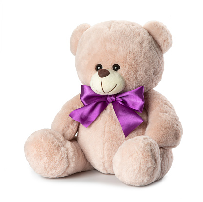 Teddy Bear is sitting on white background holding red heart shaped blank card and surround by a red ribbon