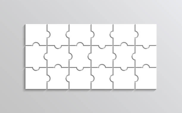 퍼즐 사고 게임. 18 조각 퍼즐 윤곽선 격자. 별도의 모양을 가진 사고 게임. - jigsaw piece choice banner number stock illustrations