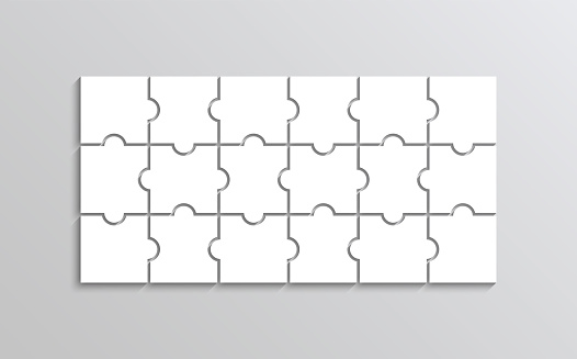 Puzzle thinking game. 18 pieces jigsaw outline grid. Thinking game with separate shapes. Simple mosaic layout. Modern puzzle background. Laser cut frame. Vector illustration.