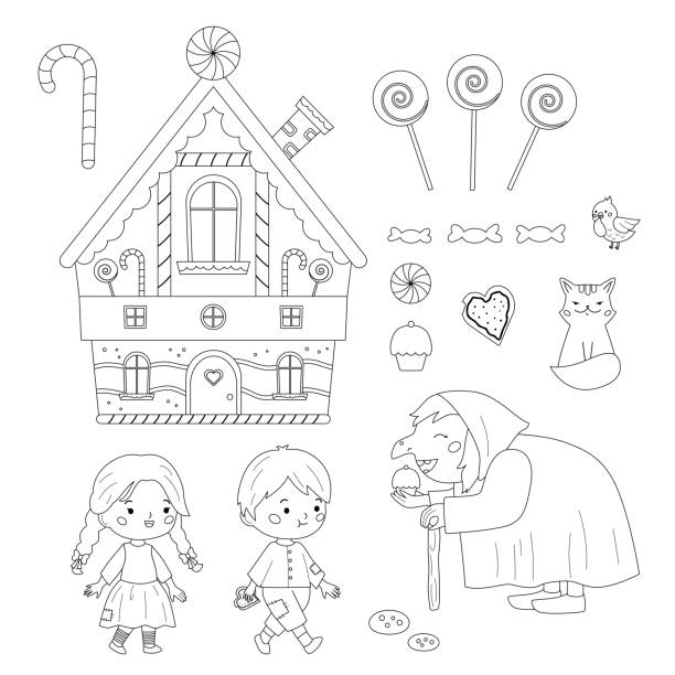 ilustrações, clipart, desenhos animados e ícones de hansel e gretel colorindo página para crianças. - fairy tale house witch candy