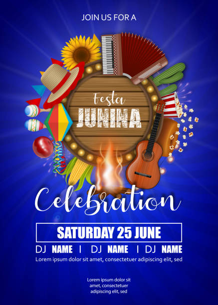 Festa Junina poster with brazilian elements and round wooden sign board. June brazilian festival background Festa Junina poster with brazilian elements and round wooden sign board. June brazilian festival background vector festa junina stock illustrations