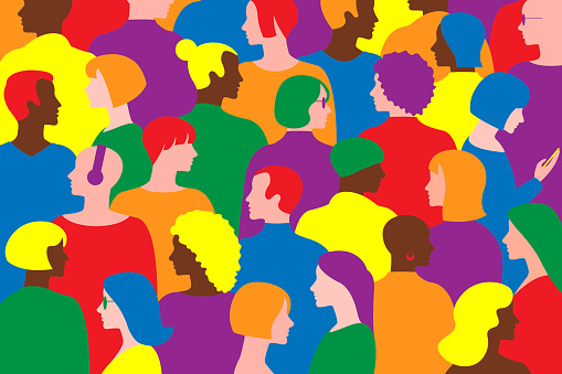 The crowd of abstract diverse multiracial and multicultural group of people. Flat design with LGBTQ color. designed for decoration, cover, education, presentation, print. Vector illustration.