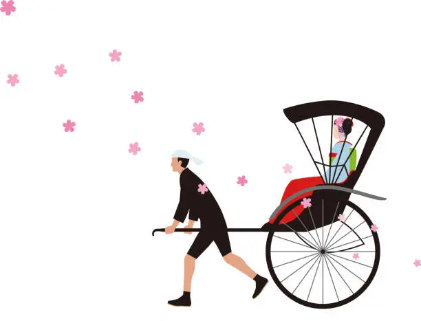 Vector illustration of spring,Sakura, rickshaw, and woman in kimono. Japanese style illustration