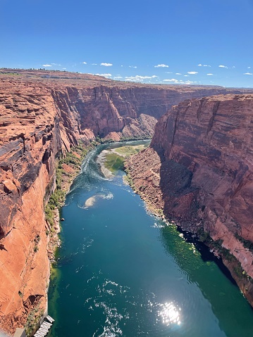 Glen Canyon Dam in Page, AZ. View from bridge overlooking the dam.