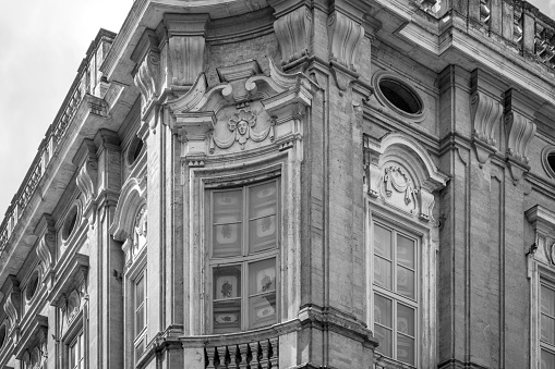 Old palace facade detail, VIII Century style made, in the old city of Perugia. Ancient medieval city, is the capital of Umbria Region central Italy.