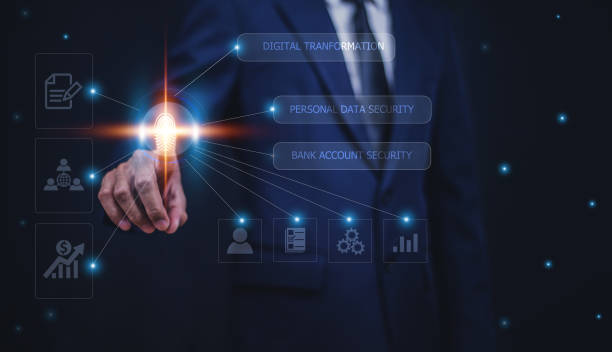 istock Businessman finger scan for unlock password for security information concept, 1399664327