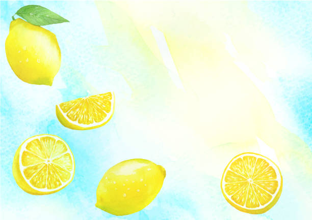 ilustrações de stock, clip art, desenhos animados e ícones de yellow and blue watercolor backfround and fresh lemon - backfround
