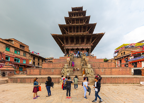 Bhaktapur, Nepal - October 29, 2021: Nyatapola Temple, tallest monument within the city and is also the tallest temple of Nepal.  Culturally important area and popular tourist destination in Bhaktapur