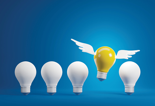 Business concept design of lightbulb with wing flying on blue background 3D render