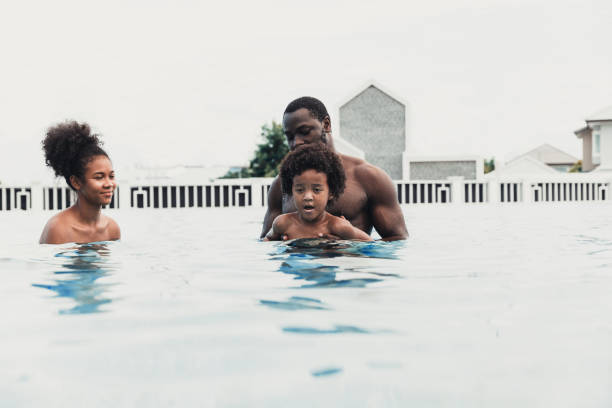 istock Father, mother and their son in pool, enjoying their break. 1399680387
