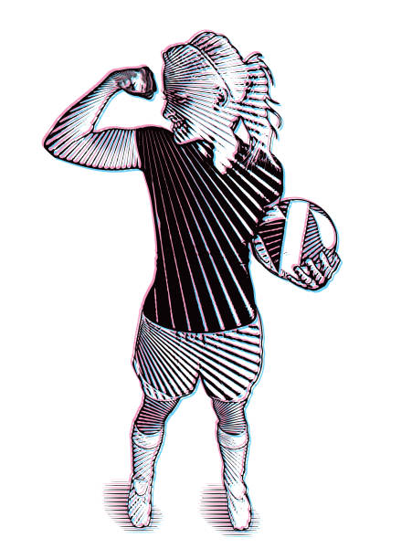 ilustrações, clipart, desenhos animados e ícones de ilustração estereoscópica de uma jogadora de futebol feminina fazendo um músculo - american football sports uniform football white background