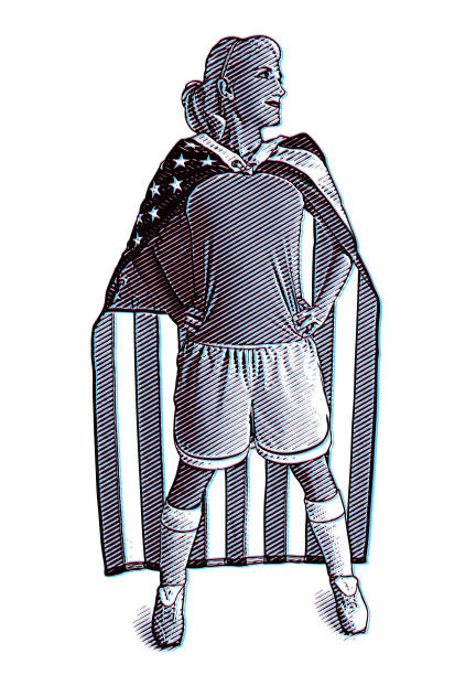 ilustraciones, imágenes clip art, dibujos animados e iconos de stock de ilustración estereoscópica de una atleta femenina sosteniendo la bandera estadounidense - american football sports uniform football white background