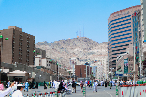 Mecca, Saudi Arabia - June 29, 2019. The condition of Ajyad Street, the street connecting to Masjidil Haram. There are some hotels and rock hills.