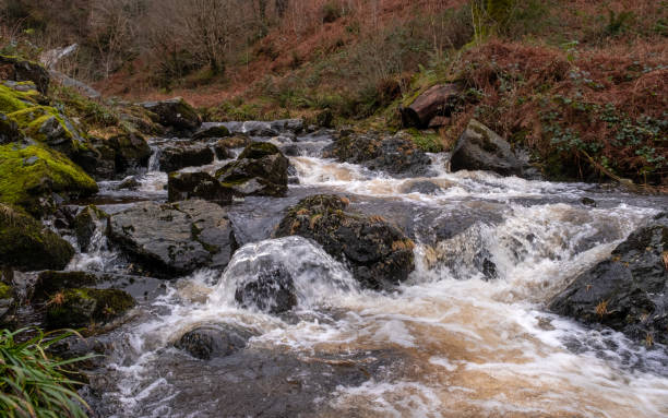 escorrentía invernal y agua turbulenta rápida en un arroyo de las tierras altas o quemaduras en escocia - boulder flowing water mountain range rock fotografías e imágenes de stock