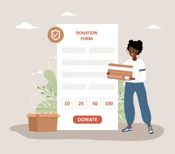 Vector illustration of Online donation form. African volunteer woman donating money and paying with credit card. Financial charity for homeless and poor people. Fundraising concept. Vector illustration in cartoon style