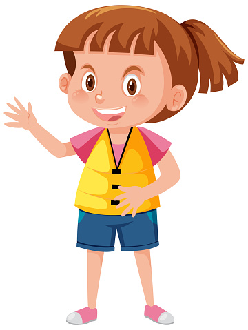 Little girl wearing yellow life jacket in cartoon style illustration