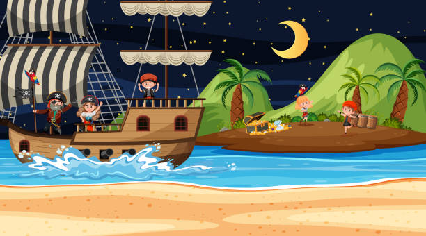 scena z wyspy skarbów w nocy z pirackimi dziećmi na statku - barque stock illustrations