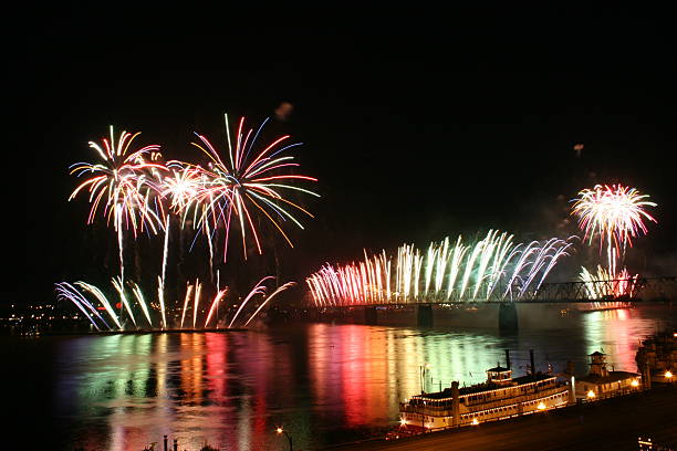 Multicolored fireworks over a river in Louisville Thunder over Louisville 2005: Kentucky Derby Fesitval kickoff louisville kentucky stock pictures, royalty-free photos & images