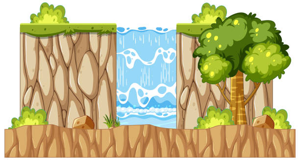 ilustrações, clipart, desenhos animados e ícones de cachoeira na natureza em fundo branco - clip art waterfall tree illustration and painting