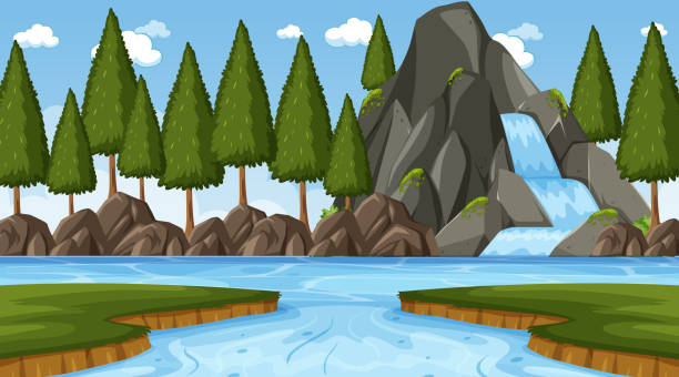 нутурная сцена с водопадом в лесу и реке - clip art waterfall tree illustration and painting stock illustrations