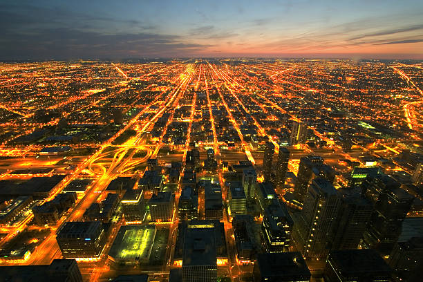 istock Night time aerial view of Chicago 139969486