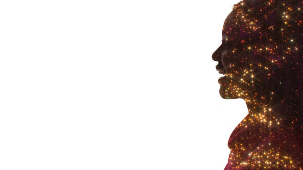 Magic dream. Astrology inspiration. Holiday wish. Double exposure profile silhouette of enthusiastic happy woman face in gold red blur starlight isolated on white empty space.