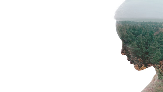 Ecology problem. Air pollution. Environmental crisis. Double exposure portrait of sad disappointed woman face with areal shot forest skyline isolated on white empty space.