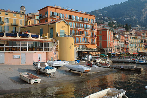 Waterfront At Sunrise In Villefranche, France stock photo