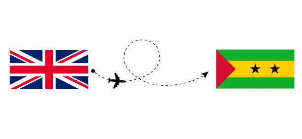 Vector illustration of Flight and travel from United Kingdom of Great Britain to Sao Tome and Principe by passenger airplane Travel concept