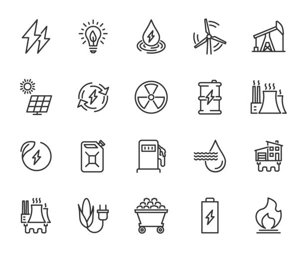 Vector set of energy line icons. Contains icons hydroelectricity, solar panel, renewable energy, fossil fuels, coal, geothermal energy, biomass and more. Pixel perfect. Vector set of energy line icons. Contains icons hydroelectricity, solar panel, renewable energy, fossil fuels, coal, geothermal energy, biomass and more. Pixel perfect. geothermal reserve stock illustrations