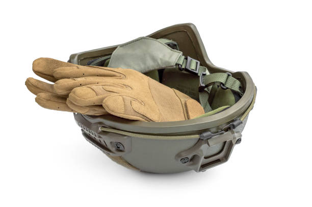istock Military helmet with tactical gloves on white. 1399701820