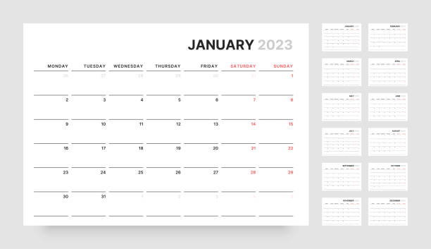 ilustrações de stock, clip art, desenhos animados e ícones de monthly calendar for 2023 year. starts on monday. - monthly