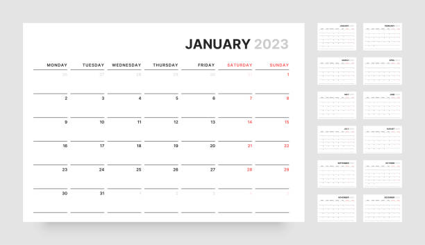 Monthly calendar for 2023 year. Starts on Monday. Monthly calendar template for 2023 year. Week Starts on Monday. Wall planner in a minimalist style. kalender stock illustrations