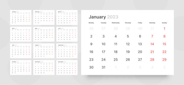 Monthly calendar for 2023 year. Starts on Monday. Monthly calendar template for 2023 year. Week Starts on Monday. Desk calendar in a minimalist style. kalender stock illustrations