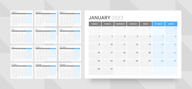 Monthly calendar for 2023 year. Starts on Monday. Monthly calendar template for 2023 year. Week Starts on Monday. Wall calendar in a minimalist style. kalender stock illustrations