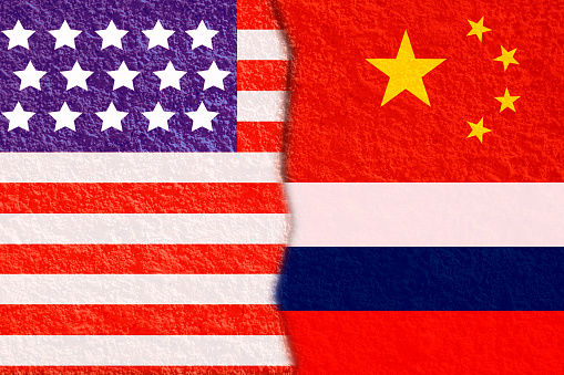 Flag of USA, China and Russia