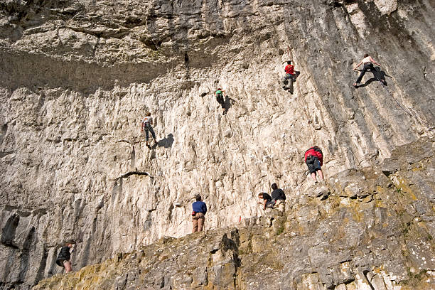 Climbers on Malham Cove Yorkshire Dales from the base of the cove
