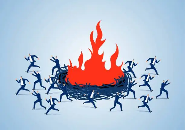 Vector illustration of The living bird's nest is on fire, a group of businessmen fled, businessmen lost their investment principal, lost their safe haven and shelter